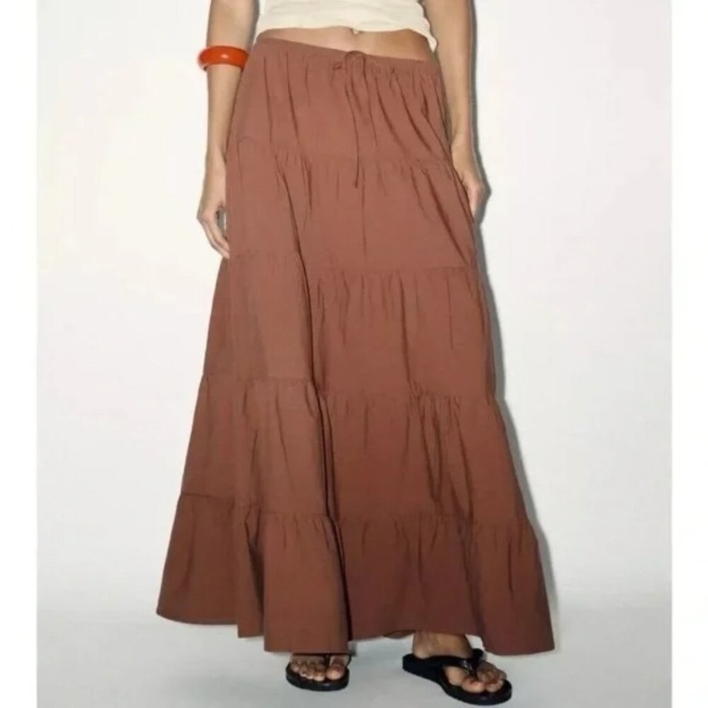 🌞 ZARA Tiered Maxi Skirt in Chocolate Brown Extra Small XS